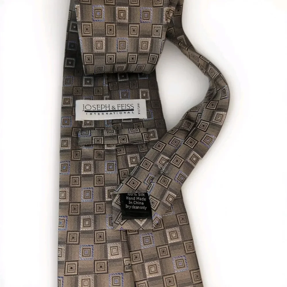 Joseph & Feiss Silk Necktie Gold Blue Cream Geometric Pattern